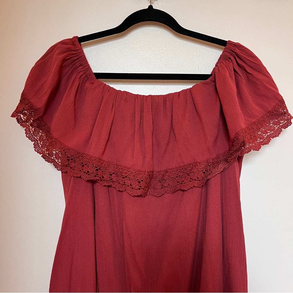 Maroon Off-the-Shoulder Boho Mini Dress with Lace Trim